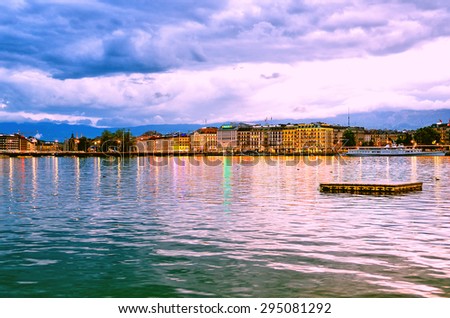GENEVA, SWITZERLAND - MAY 3, 2015: Geneva city skyline across the Geneva lake on May 3, 2015 in Geneva.