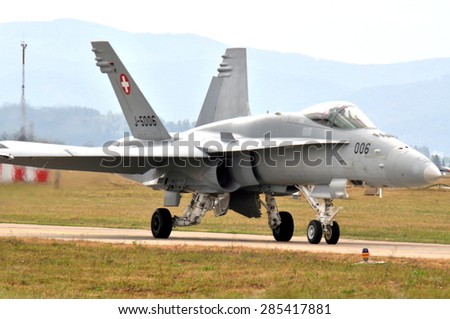 SLIAC, SLOVAK REPUBLIC - AUGUST 31 2012: F/A-18C (J-5006) Hornet Swiss Air Force on Taxiway before Take of during the SIAF 2012 airshow