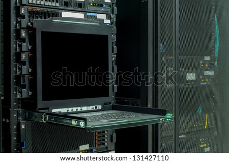 Blank server computer screen in modern interior data Center, server room