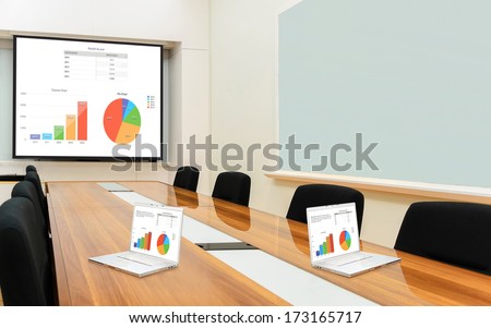 Interior conference room, meeting room, boardroom, Classroom, Office, Business data information on projector board and two laptop.