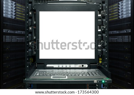 Blank Server Computer Screen In Modern Interior Data Center, Server Room