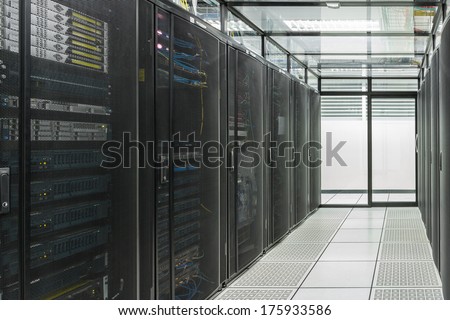 Modern interior of server room, Super Computer, Server Room, Datacenter, Data Security Center.