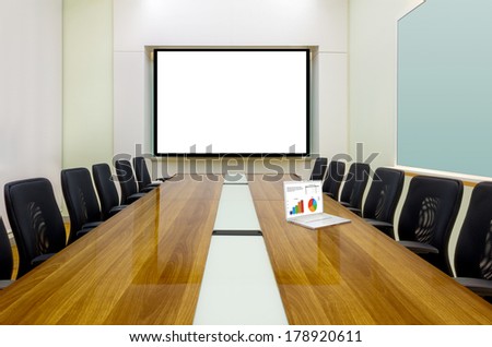 Interior conference room, meeting room, boardroom, Classroom, Office, Business data information on projector board and laptop.