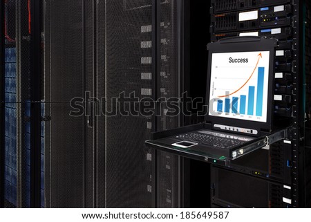 Financial revenue Information show on the server computer KVM display in the modern interior of data center. Super Computer, Server Room.