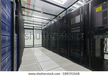 Modern interior of server room, Super Computer, Server Room, Datacenter, Data Security Center.