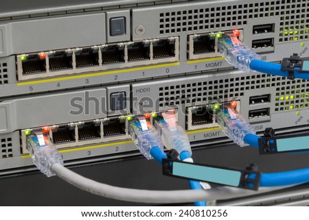 Network cables connected to switches server computer.