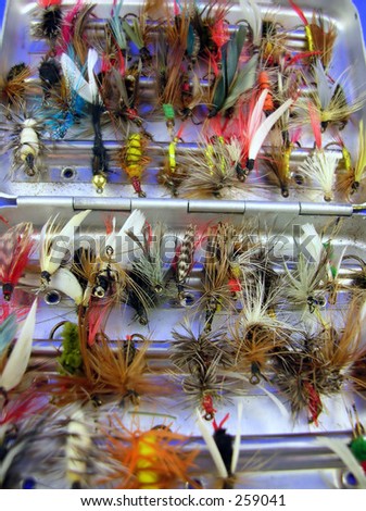 Inside View. The inside of a fisherman\'s flybox, with an assortment of hand-tied trout flies.