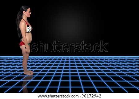 Full-length profile shot of a lovely, exotic, bikini-clad brunette, two months pregnant, standing on a futuristic grid.