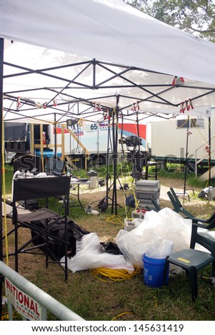 SANFORD, FL - JULY 9, 2013: A temporary television studio for reporters outside the Zimmerman murder trial at the Seminole County Criminal Justice Center in Sanford, Florida, on July 9, 2013.