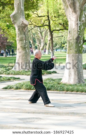 Hangzhou, China- April 6:  a Chinese old man in the west lake beside tai chi, in April 6, 2014 in hangzhou, China. Tai Chi  it is a martial art practiced both for self defense and health.