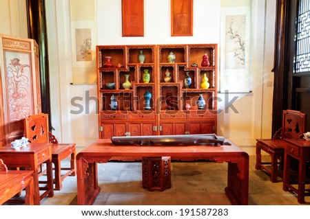 HANGZHOU, CHINA - May 3: exhibition display of the Chinese qing dynasty furniture, on May 3, 2014 in hangzhou, China. This is the Chinese traditional study shows.