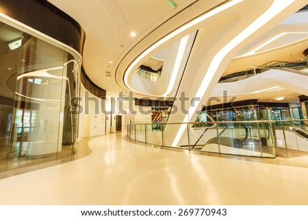 Beijing, China - March 22, 2015: Milky Way\'s SOHO building from inside, set in a commercial office, designed by Zaha Hadid