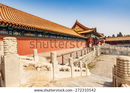 Beijing, China - March 27, 2015: Forbidden City architecture scene. The Forbidden City was built in 1406-1420, served as imperial palace. UNESCO World Heritage.