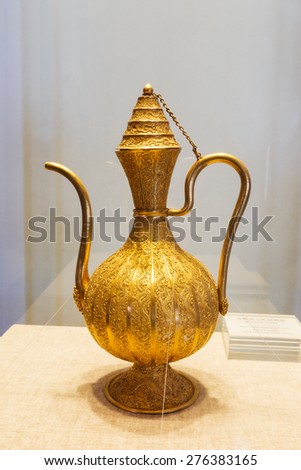 Beijing, China - on March 21, 2015, the Palace Museum exhibition of exquisite qing dynasty  gold wine pot
