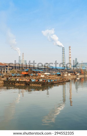 Industrial plant with smoke stacks, industrial area