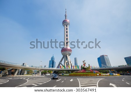 Shanghai, China - on July 28, 2015?Shanghai Oriental pearl TV tower building scenery??the Oriental pearl TV tower is the famous landmarks in Shanghai