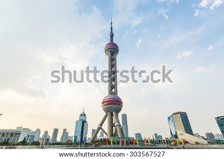 Shanghai, China - on July 27, 2015? Shanghai Oriental pearl TV tower building scenery??the Oriental pearl TV tower is the famous landmarks in Shanghai.
