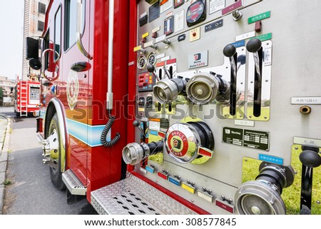 Hangzhou, China - on May 25, 2015: China's fire engines equipment close shot high performance Fire engines is the guarantee of urban fire rescue
