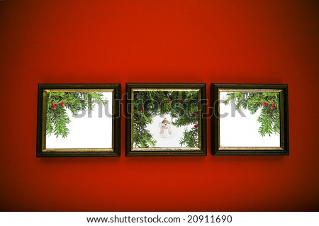 stock photo : christmas frames on red wall
