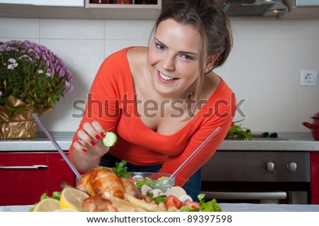 young woman eating fruits