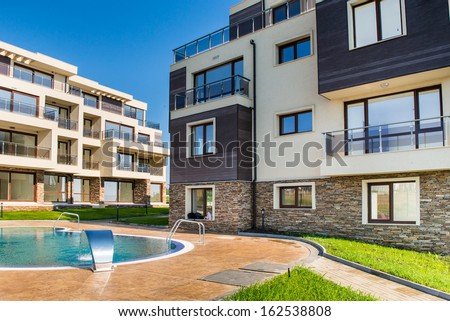beautiful new apartment building, outdoor, pool view