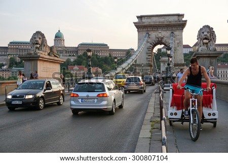 BUDAPEST, HUNGARY, JULY, 12, 2015: Cars and people are passing through Chain Bridge at Budapest, Hungary.