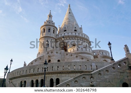 Exterior view of Fisherman\'s Bastion, inside Buda Castle district at afternoon, Budapest, Hungary.