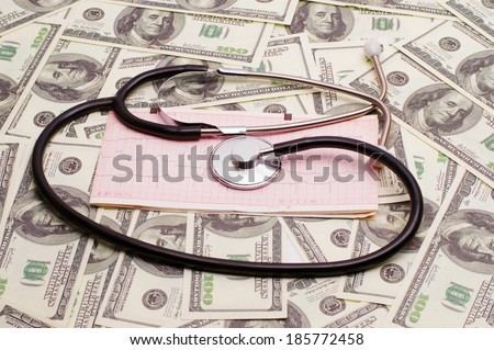 stethoscope over ecg graph on a background of 100 dollar bills