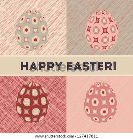 Easter card in retro colors design with patterned eggs and banner. Raster version.