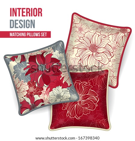 Set Of 3 Matching Decorative Pillows For Interior Design (Red Flower Pattern). Vector Illustration.