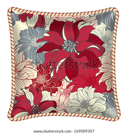 Interior design element: Decorative pillow with patterned pillowcase (floral pattern - Dahlia flowers). Isolated on white. Raster version