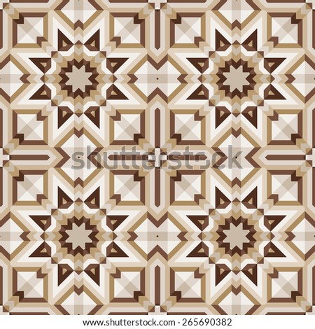 Kaleidoscope patterned floor tiles with abstract geometric pattern. Brown and golden colors. Seamless background. Raster version.