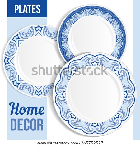 Set of 3 matching decorative plates for interior design. Raster version.