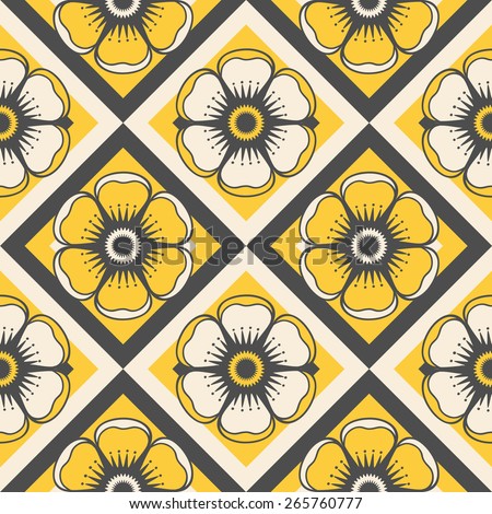 Geometrical pattern with flowers in yellow colors, seamless  background. For fashion textile, cloth, backgrounds.  Raster version.