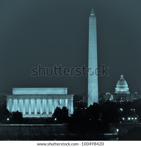 Washington DC city view  including Lincoln Memorial, Monument and Capitol building