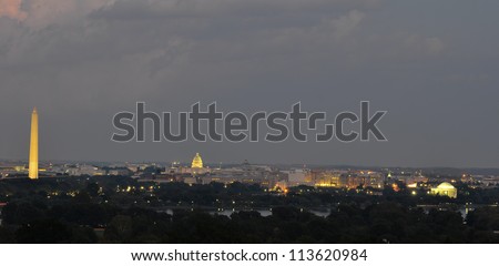 Washington DC skyline at night, including Washington Monument, United States Capitol and Thomas Jefferson Memorial