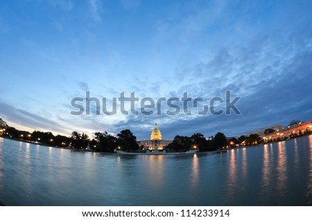 Washington DC, US Capitol Building in a cloudy sunrise - fish eye view