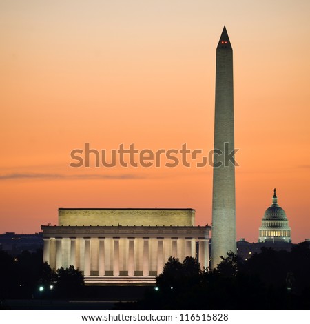 Washington DC skyline at sunrise including Lincoln Memorial, Washington Monument and United States Capitol building