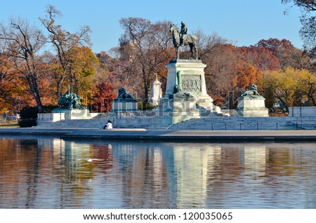 Washington DC = Ulysses S. Grant Cavalry Memorial in front of US Capitol Hill in Autumn