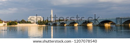 Washington DC cityscape - Abraham Lincoln Memorial, Washington Monument and Arlington Bridge on Potomac River - Washington DC United States of America