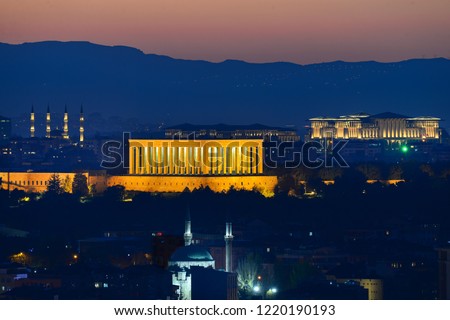 Ankara cityscape with anitkabir centered and Presidential Palace and Millet Mosque at background