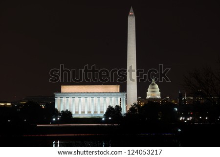 Washington DC skyline view with Lincoln Memorial, Washington Monument and US Capitol Building at night