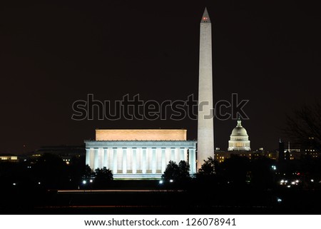 Washington DC skyline view with Lincoln Memorial, Washington Monument and US Capitol Building at night