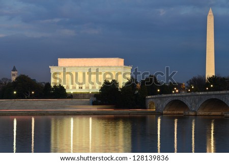 Washington DC skyline view with Lincoln Memorial, Washington Monument and Memorial Bridge on Potomac River at night
