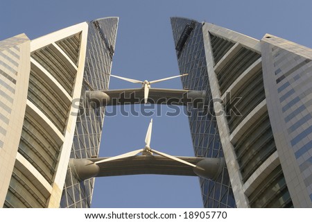 Bahrain  World Trade Center. Very modern and artful building that projected to supply its own energy consumption  via huge wind turbines. This is close-up to wind turbines