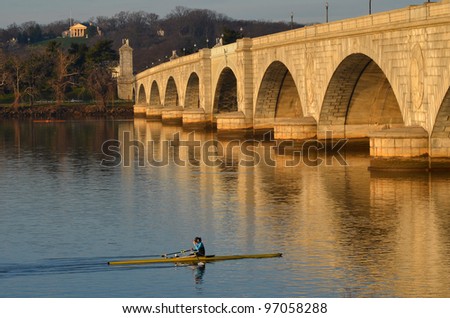 Washington DC, rowing boat in Potomac River with Arlington Memorial Bridge view