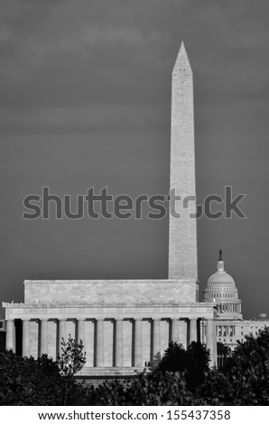 Washington DC skyline  including Lincoln Memorial, Washington Monument and United States Capitol building - Black and White