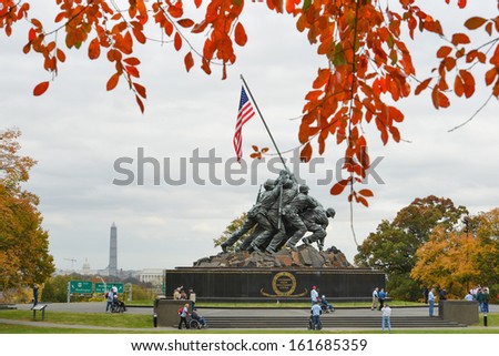WASHINGTON, DC - NOV 05: Iwo Jima Memorial in Washington, DC on November 05, 2013. The Memorial honors the Marines who have died defending the US since 1775.and a prominent tourist attraction point