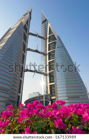 MANAMA, BAHRAIN - AUGUST 08: Bahrain World Trade Center - The skyscraper is a 240-meter high and the first skyscraper in the world to integrate wind turbines into its design, on August 8, 2008 in Bahrain.