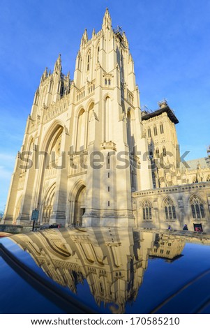 National Cathedral and reflection on a car - Washington DC, USA